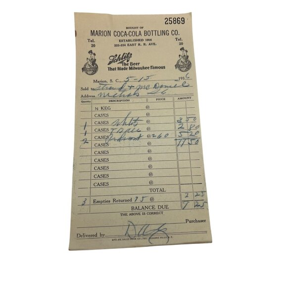 1936 Marion Coca-Cola Schlitz Bottling Receipts Lot of 3 SC Beer Ephemera - Picture 4 of 5